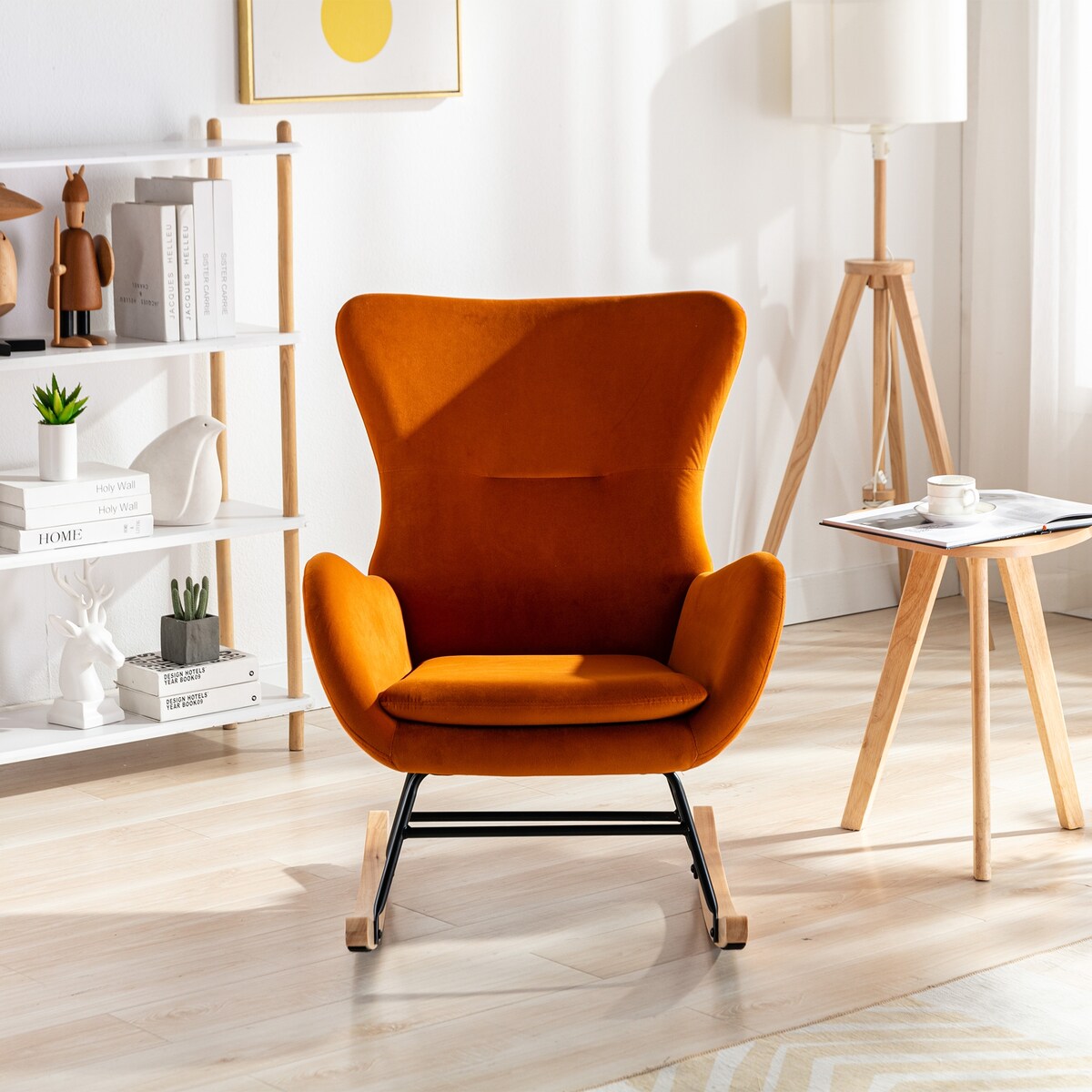 Velvet Padded Seat Rocking Chair with High Backrest and Armrests