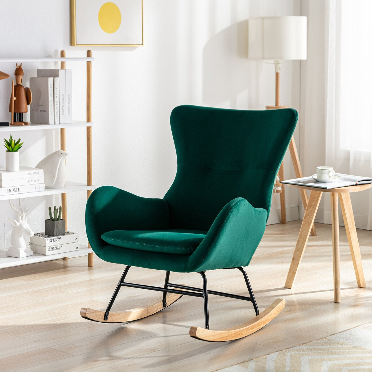 Velvet Padded Seat Rocking Chair with High Backrest and Armrests