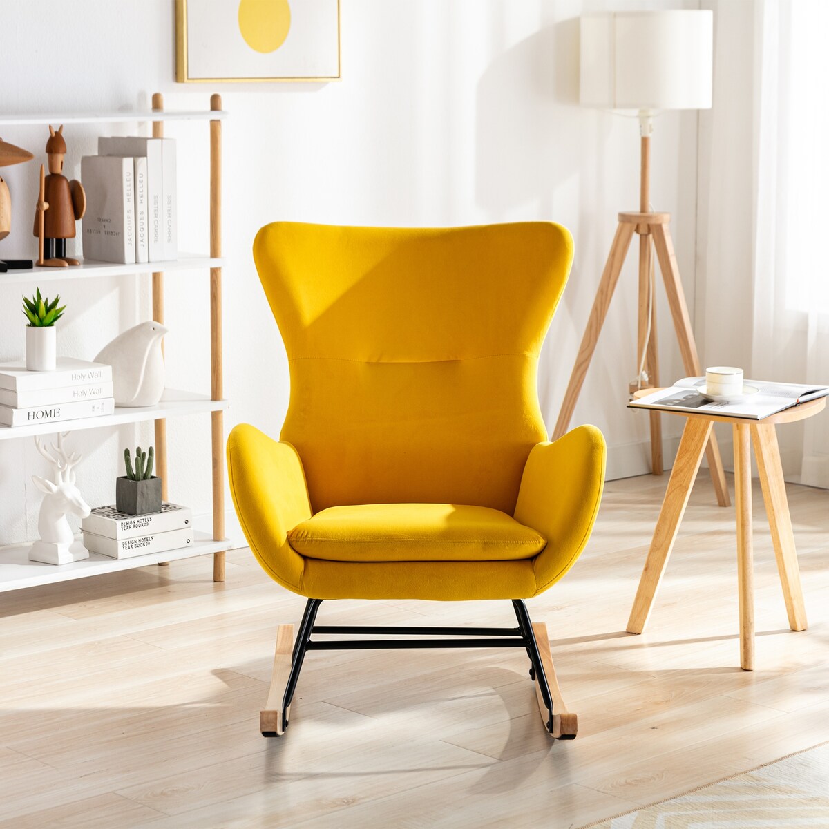 Velvet Padded Seat Rocking Chair with High Backrest and Armrests