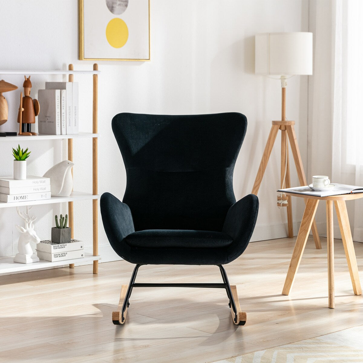 Velvet Padded Seat Rocking Chair with High Backrest and Armrests