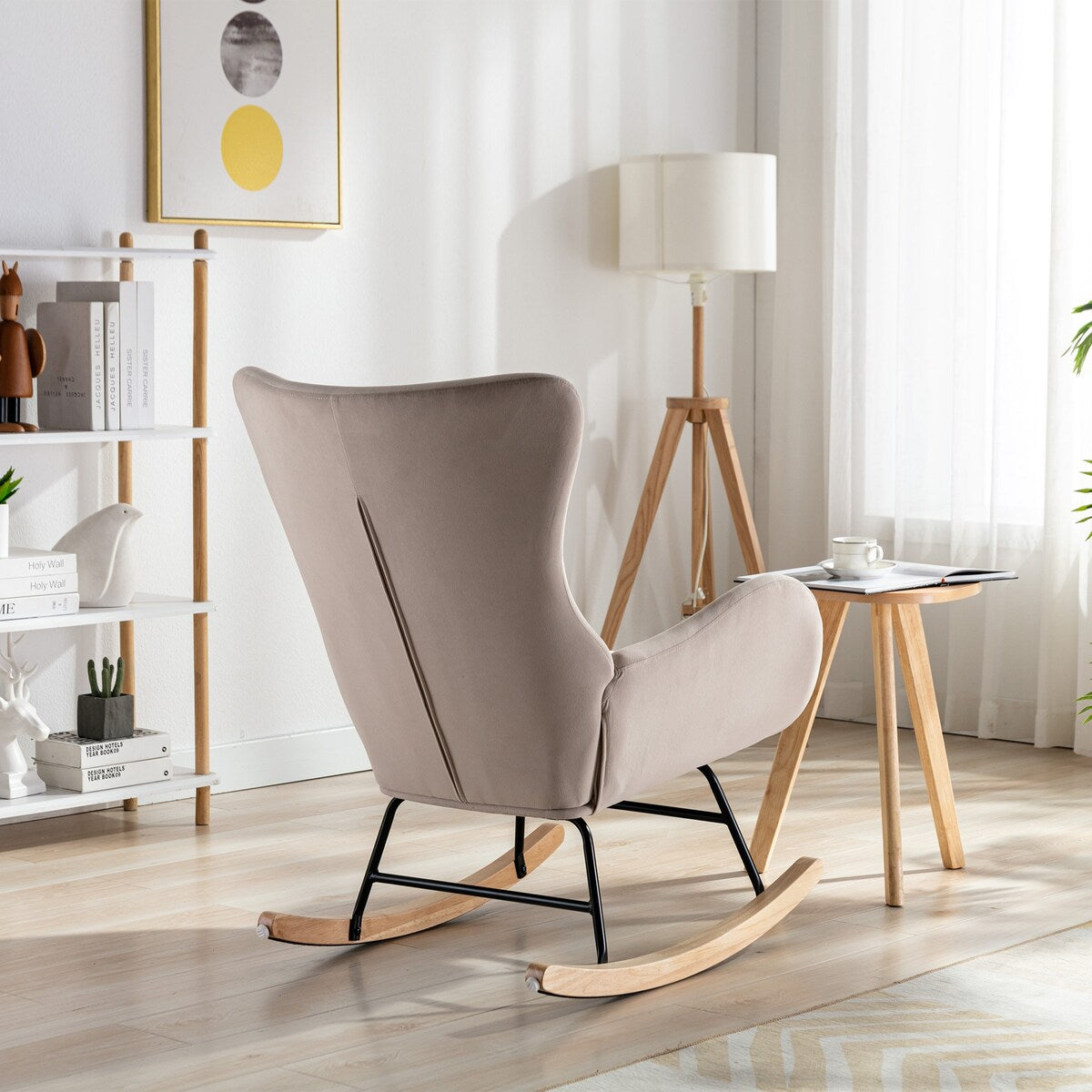 Velvet Padded Seat Rocking Chair with High Backrest and Armrests