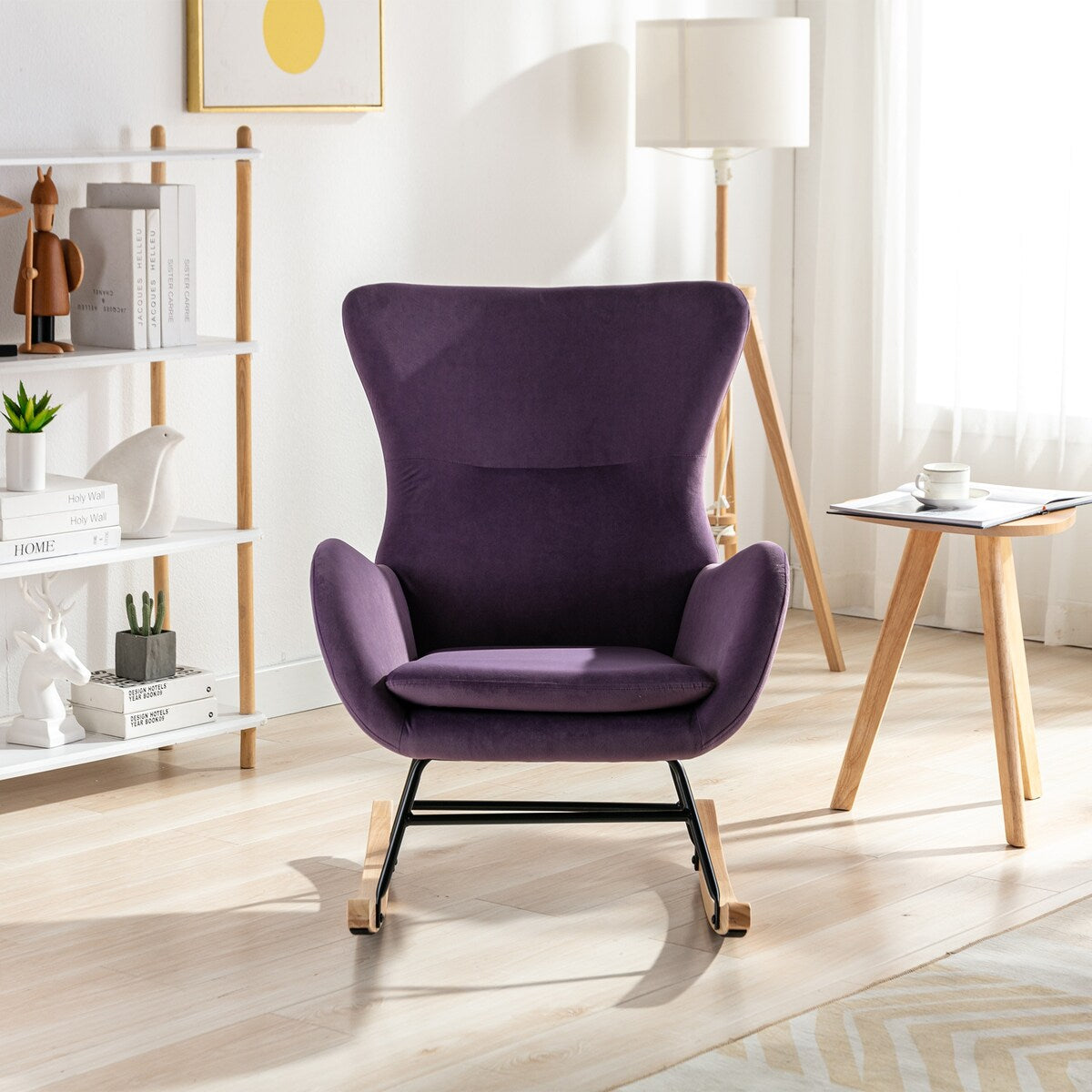 Velvet Padded Seat Rocking Chair with High Backrest and Armrests