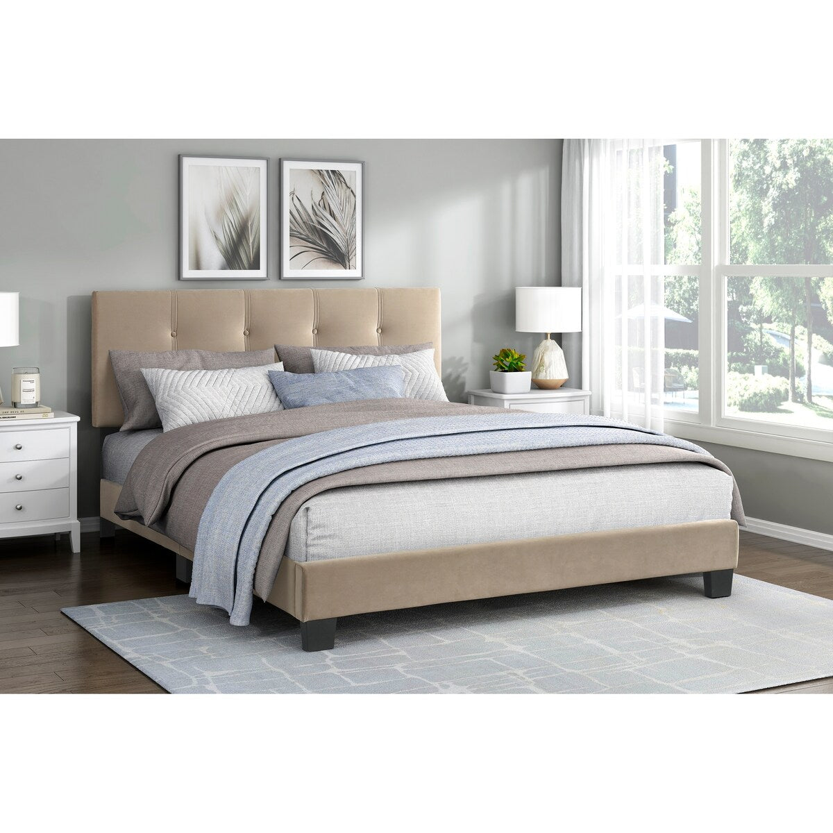 Velvet Queen Platform Bed with Adjustable Tufted Headboard