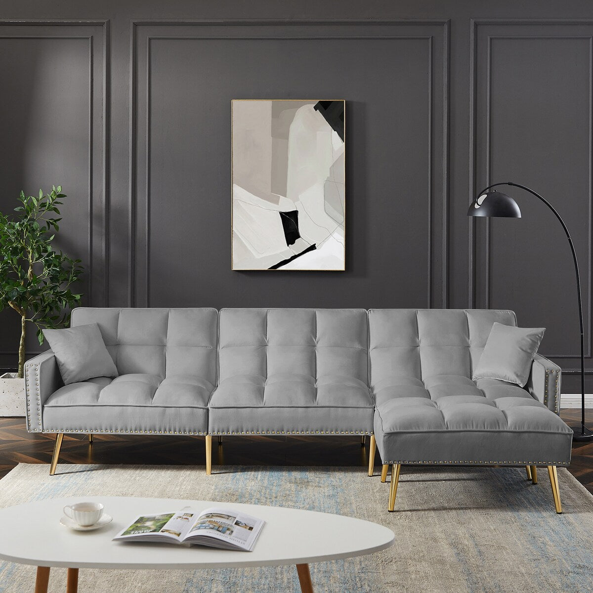 Velvet Reversible Sectional Sofa Bed with Movable Ottoman