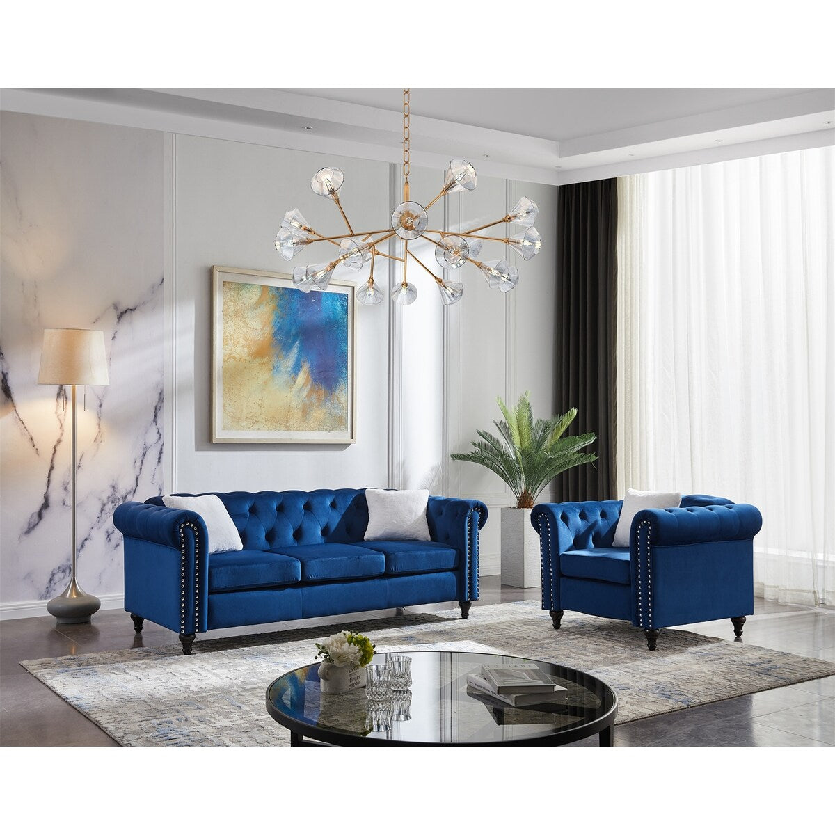 Velvet Sectional Sofa Set W/ 3-seater Sofa and Sofa Chair