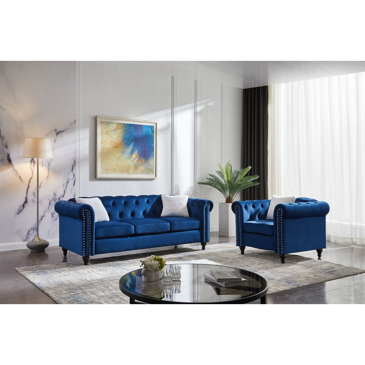 Velvet Sectional Sofa Set W/ 3-seater Sofa and Sofa Chair