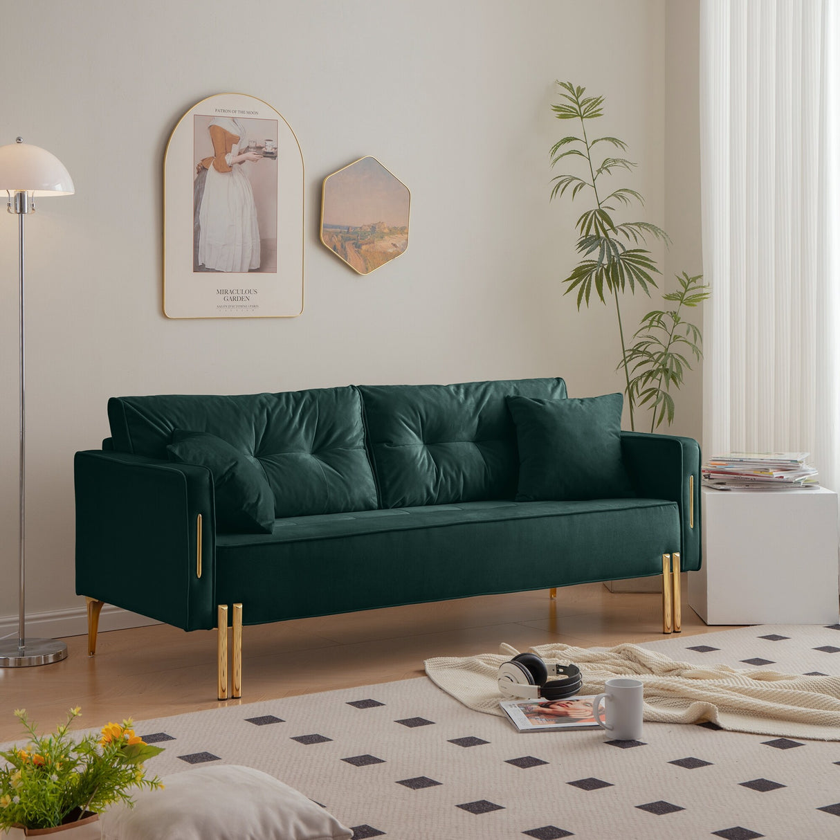 Velvet Sofa Couch Luxury Modern Upholstered sofa with 2 Pillows