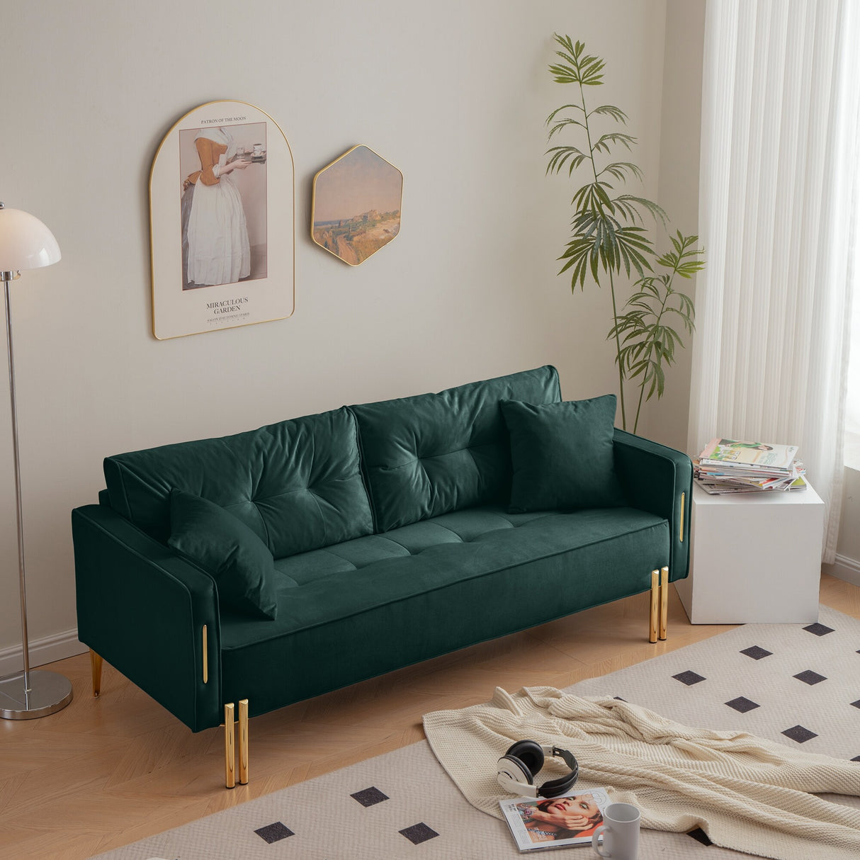 Velvet Sofa Couch Luxury Modern Upholstered sofa with 2 Pillows
