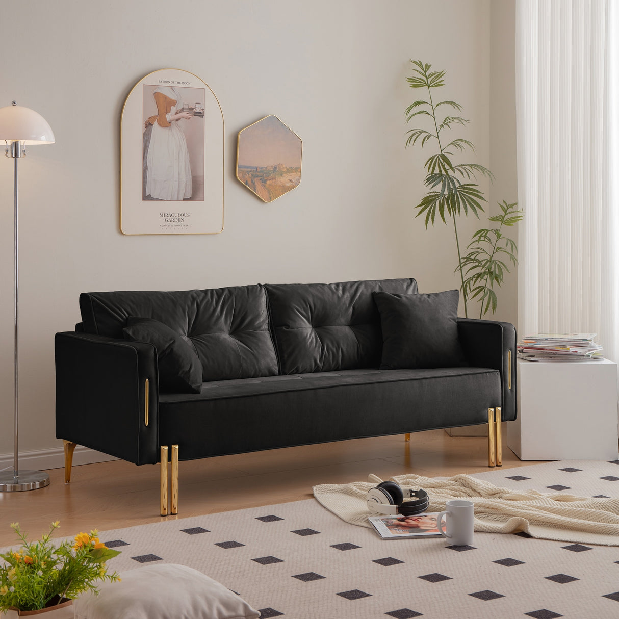 Velvet Sofa Couch Luxury Modern Upholstered sofa with 2 Pillows