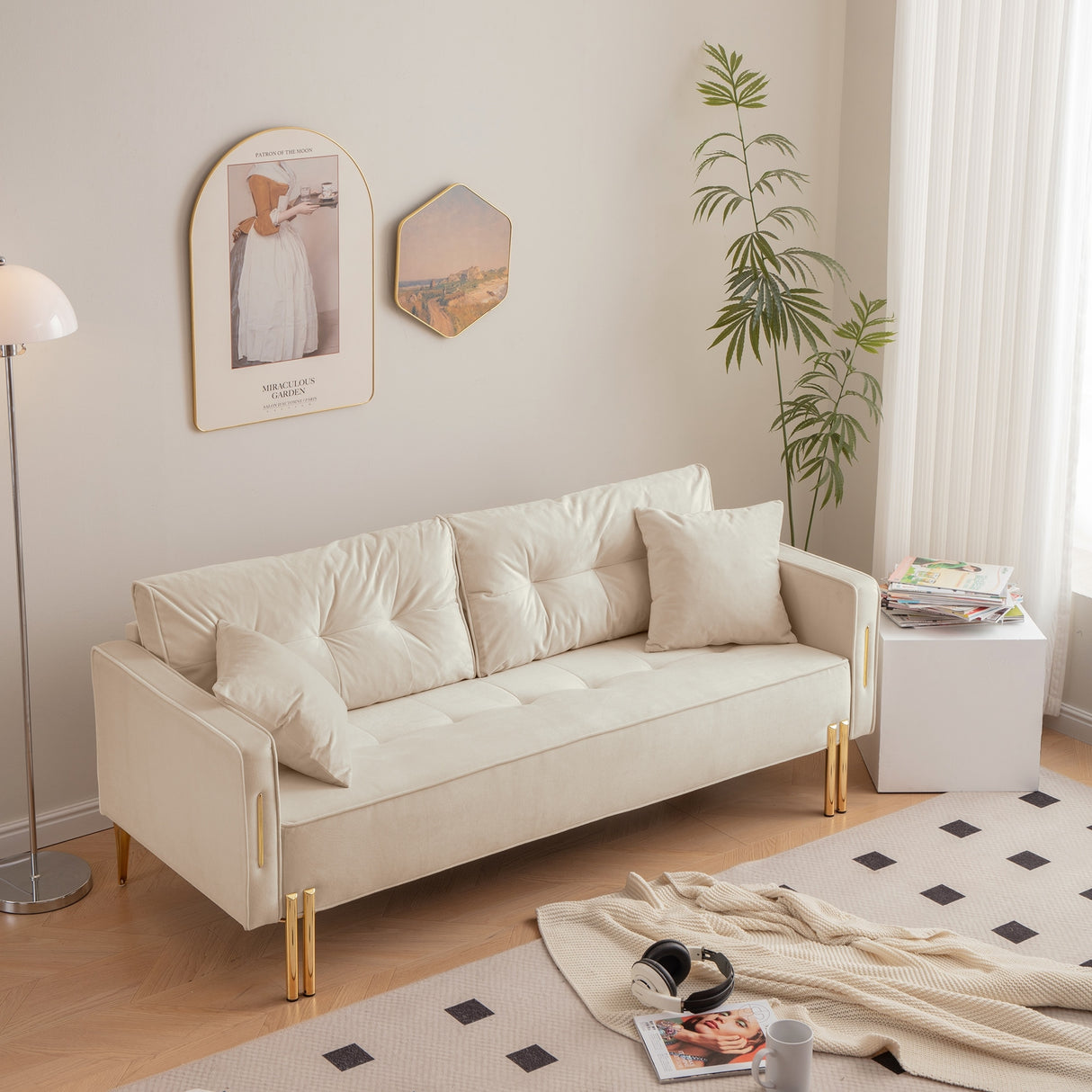 Velvet Sofa Couch Luxury Modern Upholstered sofa with 2 Pillows