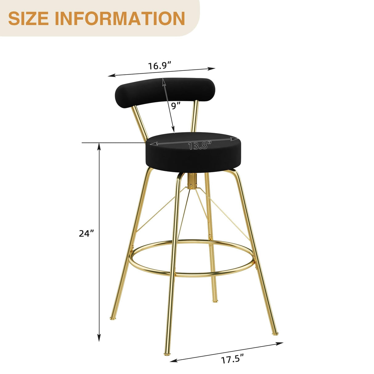 Velvet Swivel Bar Stools Set of 2 Metal Gold Barstools 26 inch Kitchen Counter Height Bar Stools with Back