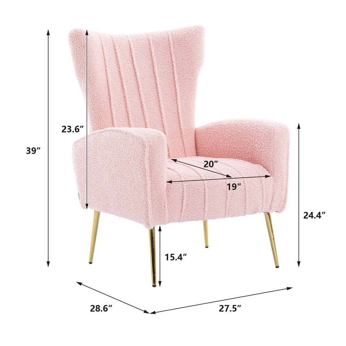 Velvet/Teddy Accent Wingback Chair With Golden Finished Leg - 27.6'' W x 28.3'' D x 40'' H