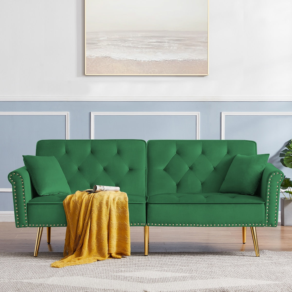 Velvet Tufted Accent Sofa Couch Modern Loveseat Sofa Futon Sofa Bed with 2 Pillows
