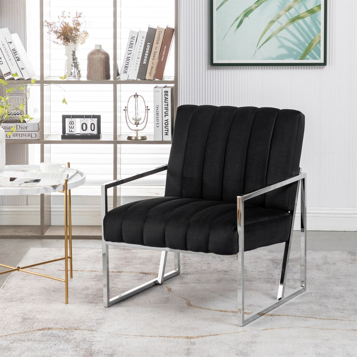 Velvet Tufted Armchair Silver Armrest Accent Chair