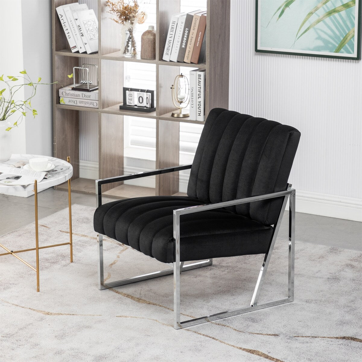 Velvet Tufted Armchair Silver Armrest Accent Chair