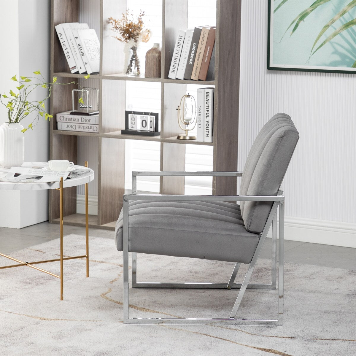 Velvet Tufted Armchair Silver Armrest Accent Chair