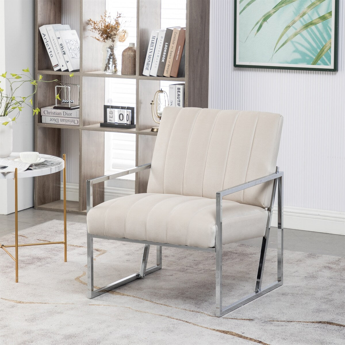Velvet Tufted Armchair Silver Armrest Accent Chair