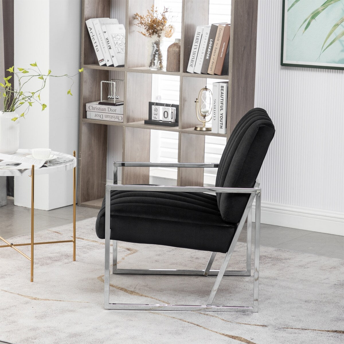 Velvet Tufted Armchair Silver Armrest Accent Chair