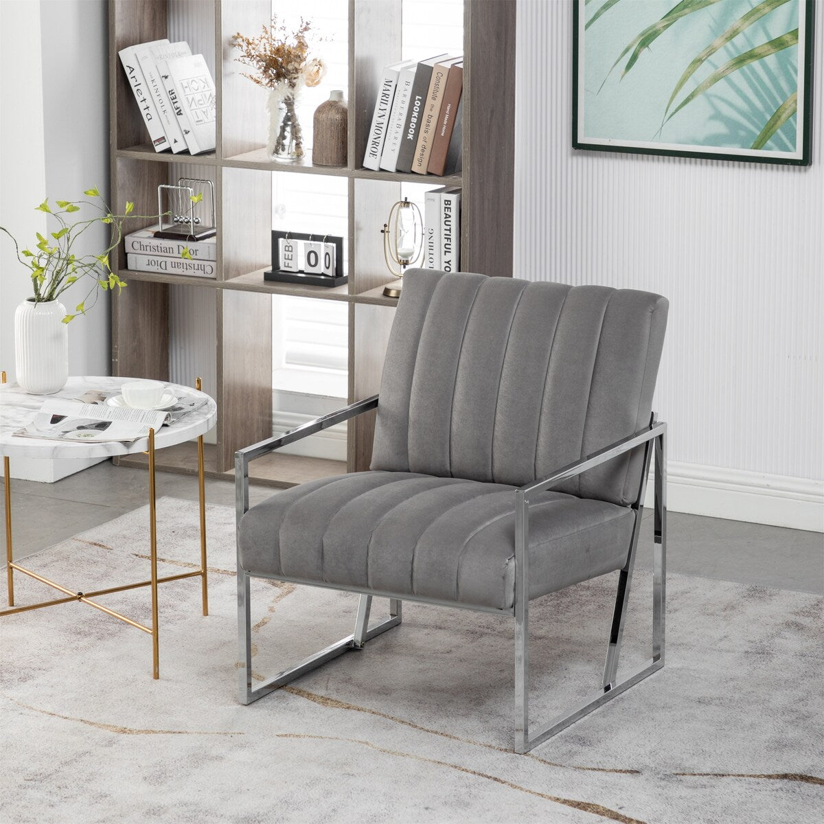 Velvet Tufted Armchair Silver Armrest Accent Chair