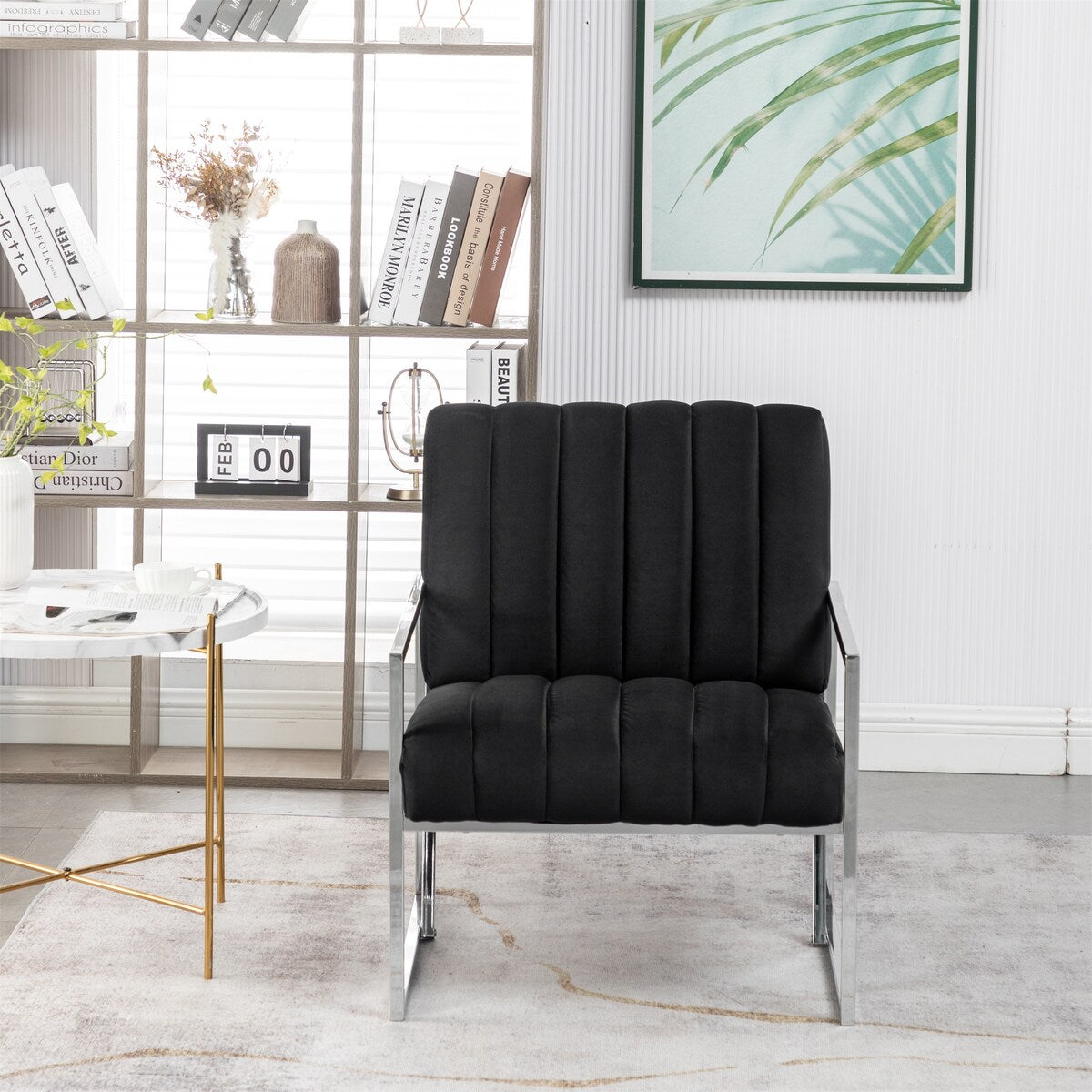 Velvet Tufted Armchair Silver Armrest Accent Chair