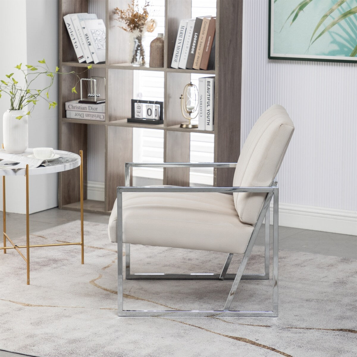 Velvet Tufted Armchair Silver Armrest Accent Chair