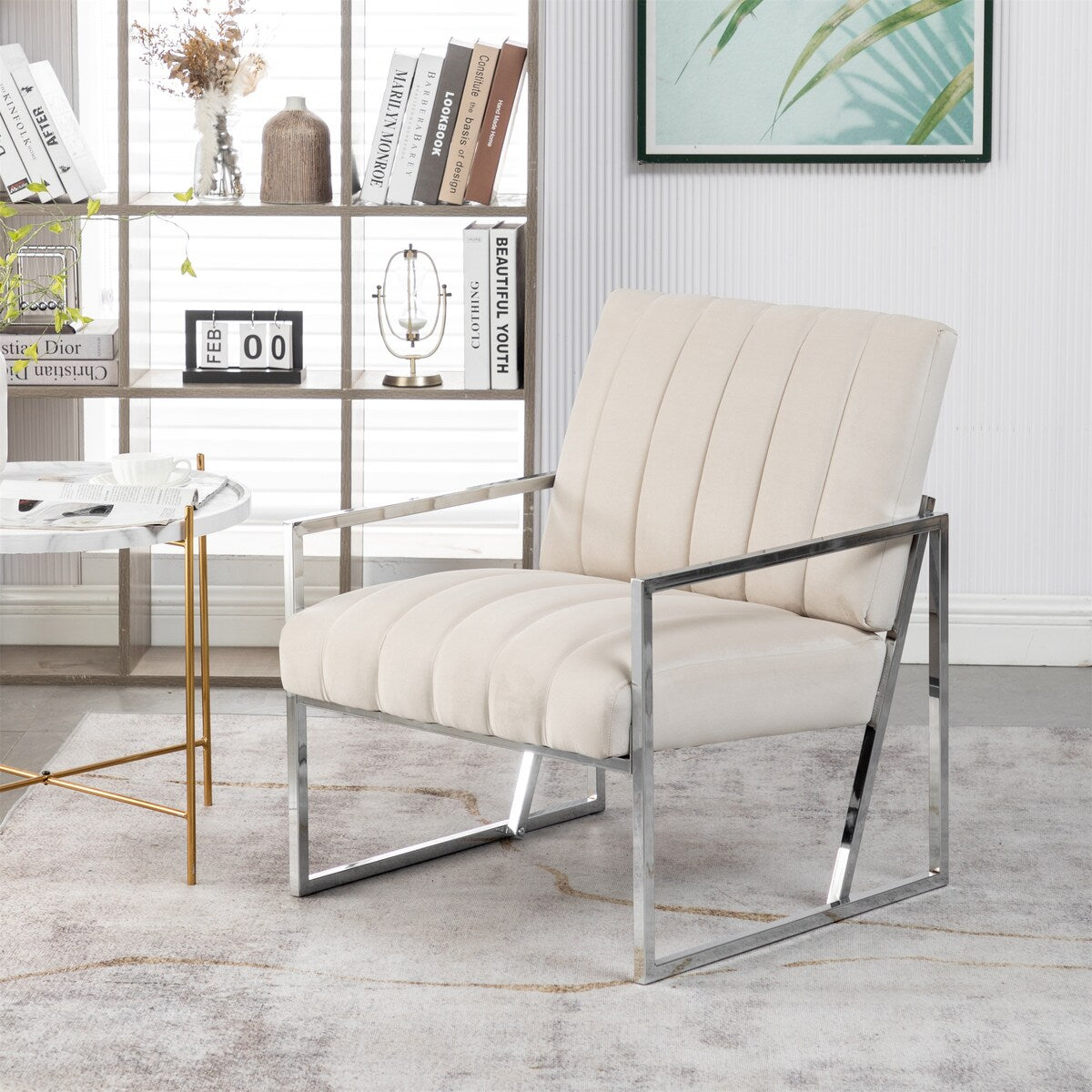 Velvet Tufted Armchair Silver Armrest Accent Chair