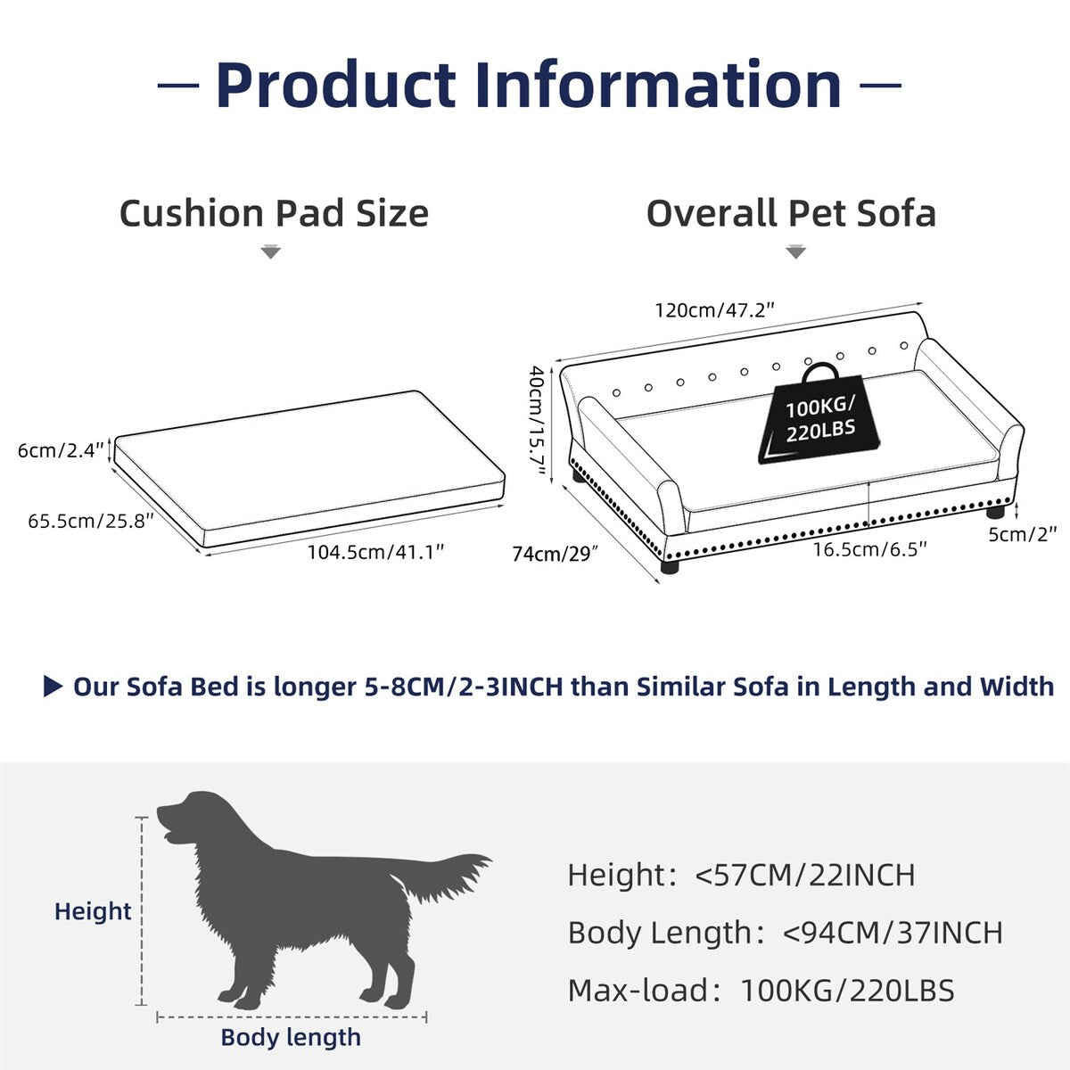 Velvet Tufted Couch Pet Bed Upholstered with Removable Cushion