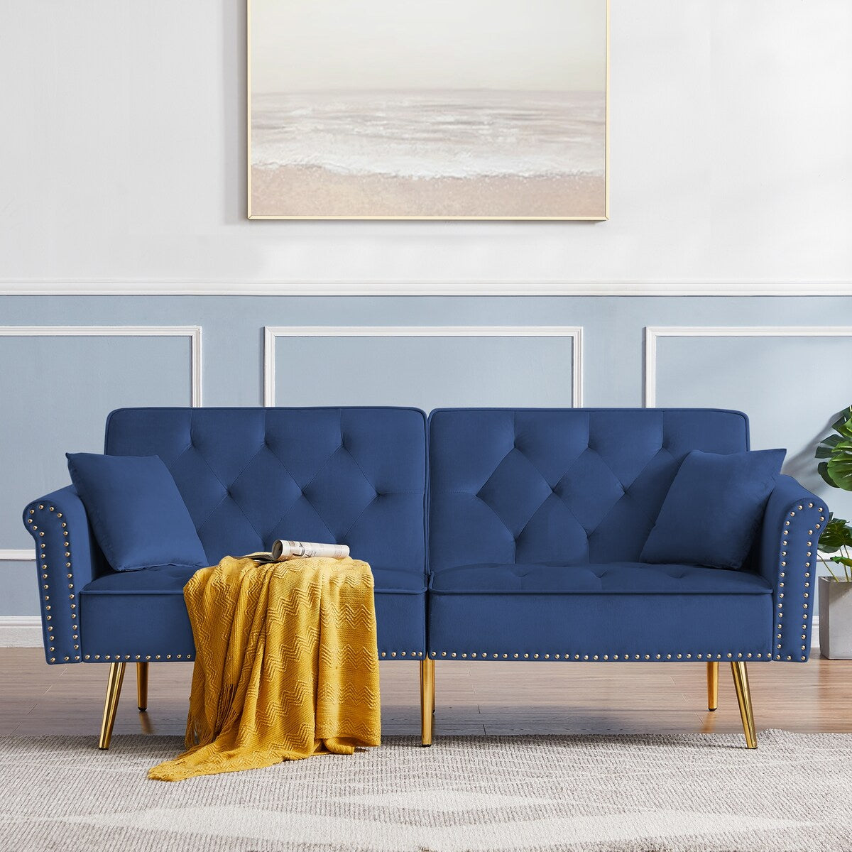 Velvet Tufted Sofa Couch Modern Loveseat Sofa Futon Sofa Bed with 2 Pillows
