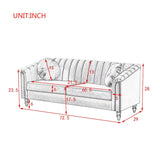 Velvet Upholstered 3-Seat Sofa Couch, Modern Comfortable Tufted Back Sleeper Sofa with Nail Arms and 2 Pillows, Solid Wood Legs