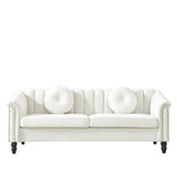 Velvet Upholstered 3-Seat Sofa Couch, Modern Comfortable Tufted Back Sleeper Sofa with Nail Arms and 2 Pillows, Solid Wood Legs