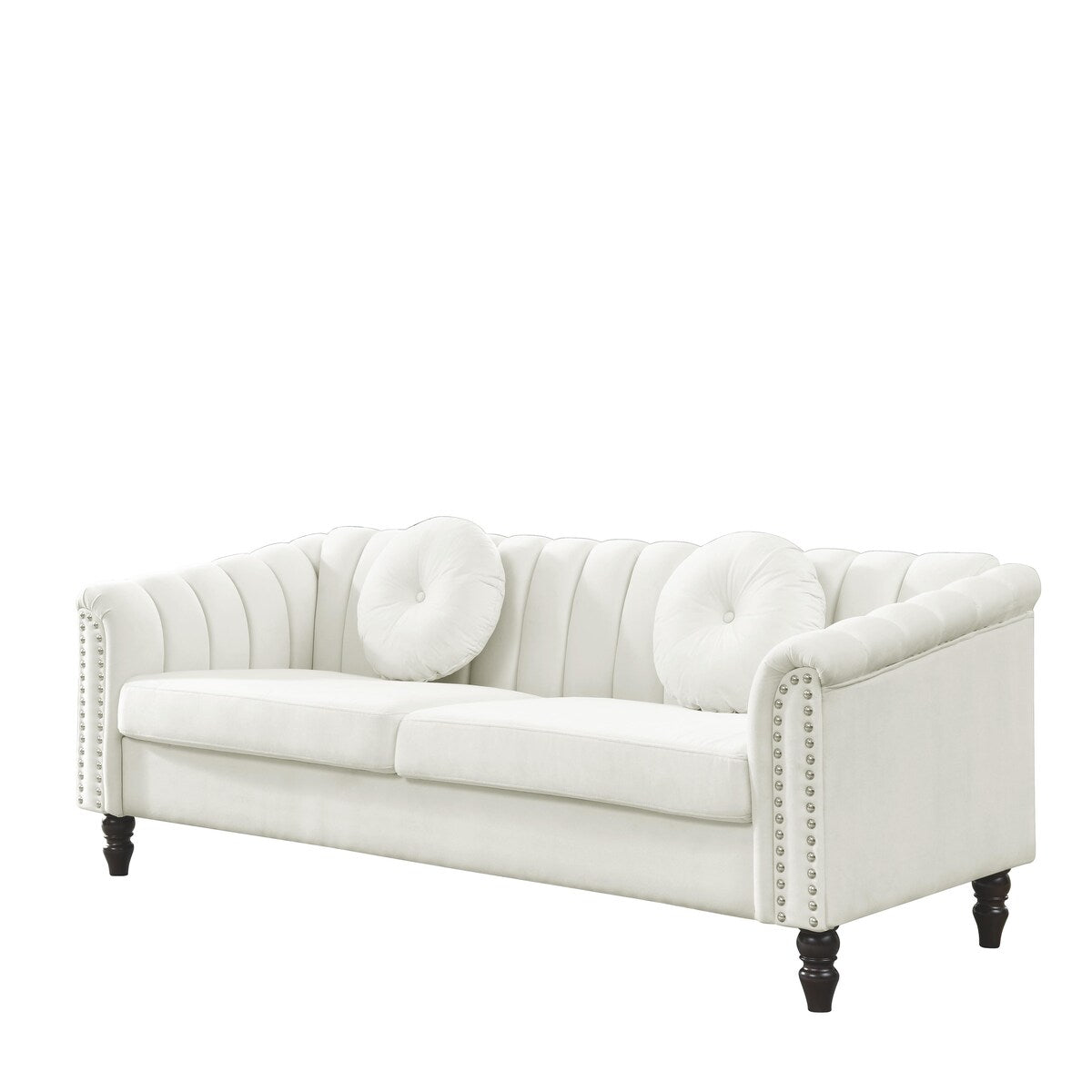 Velvet Upholstered 3-Seat Sofa Couch, Modern Comfortable Tufted Back Sleeper Sofa with Nail Arms and 2 Pillows, Solid Wood Legs