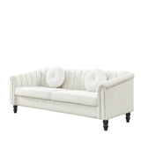 Velvet Upholstered 3-Seat Sofa Couch, Modern Comfortable Tufted Back Sleeper Sofa with Nail Arms and 2 Pillows, Solid Wood Legs