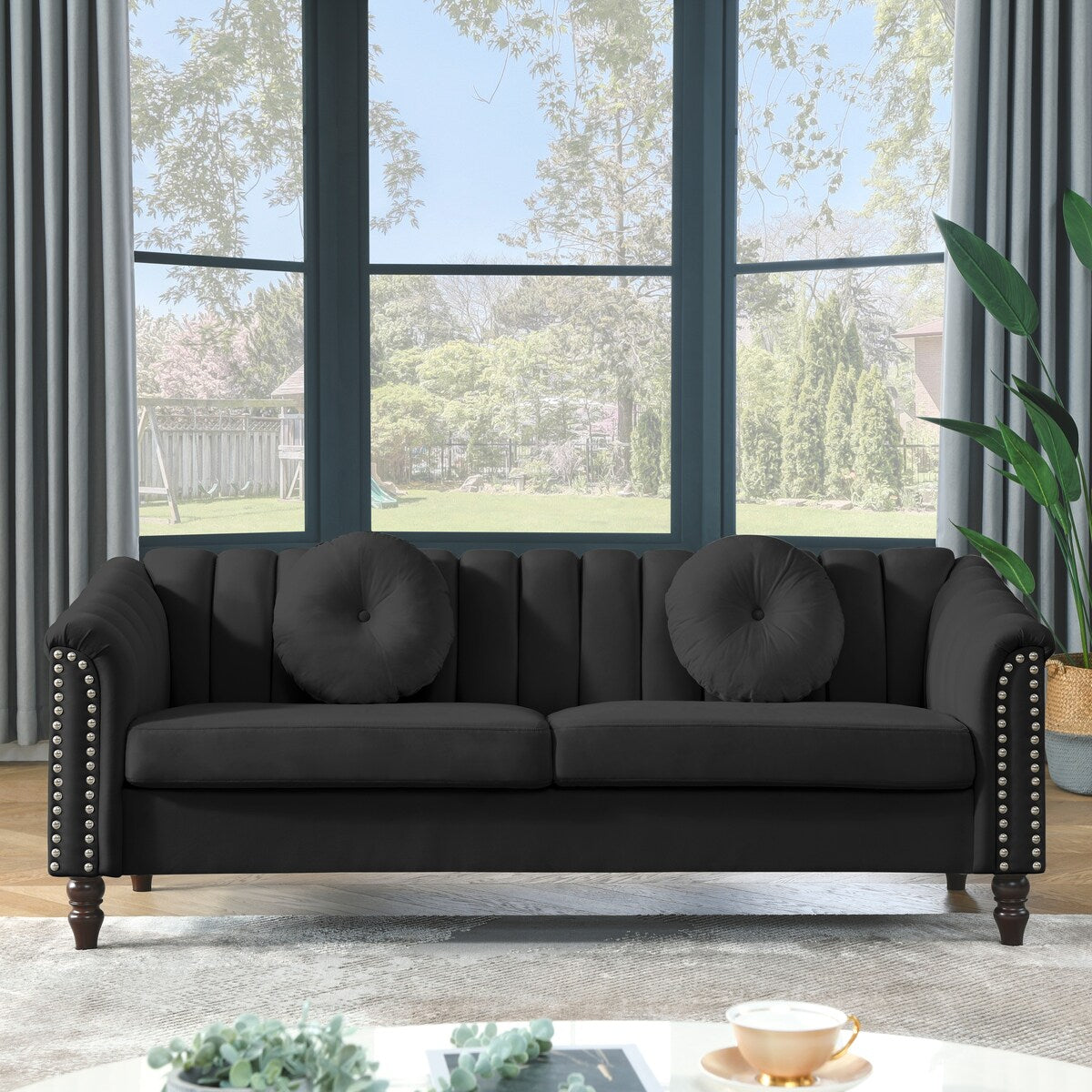 Velvet Upholstered 3-Seat Sofa Couch, Modern Comfortable Tufted Back Sleeper Sofa with Nail Arms and 2 Pillows, Solid Wood Legs