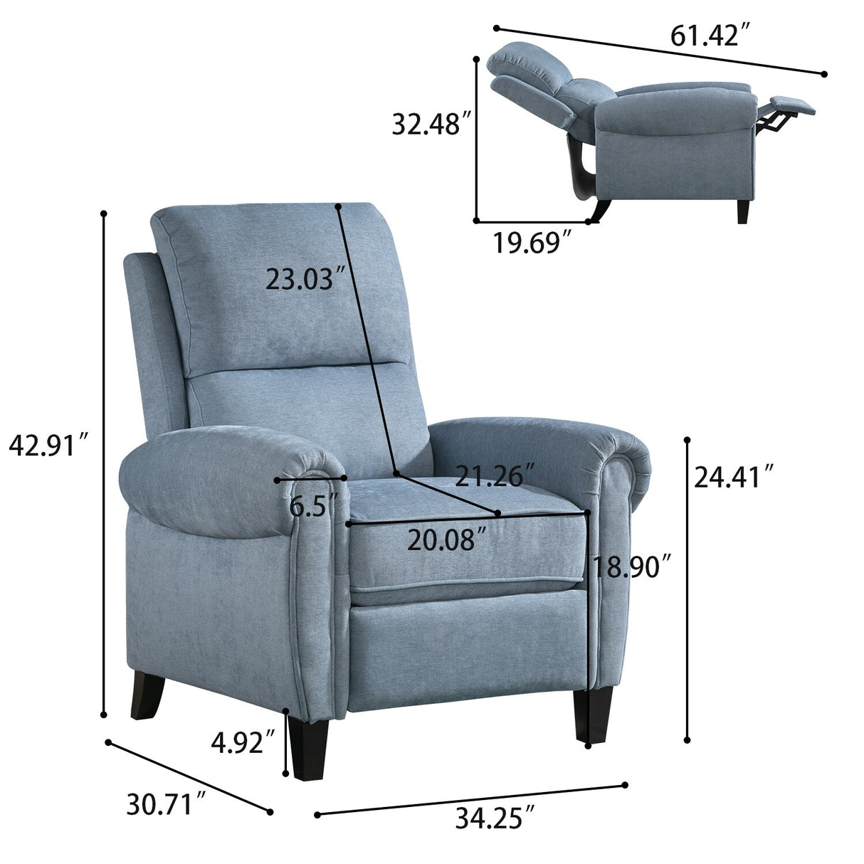 Chenille Upholstered Push Back Recliner with Solid Footrest
