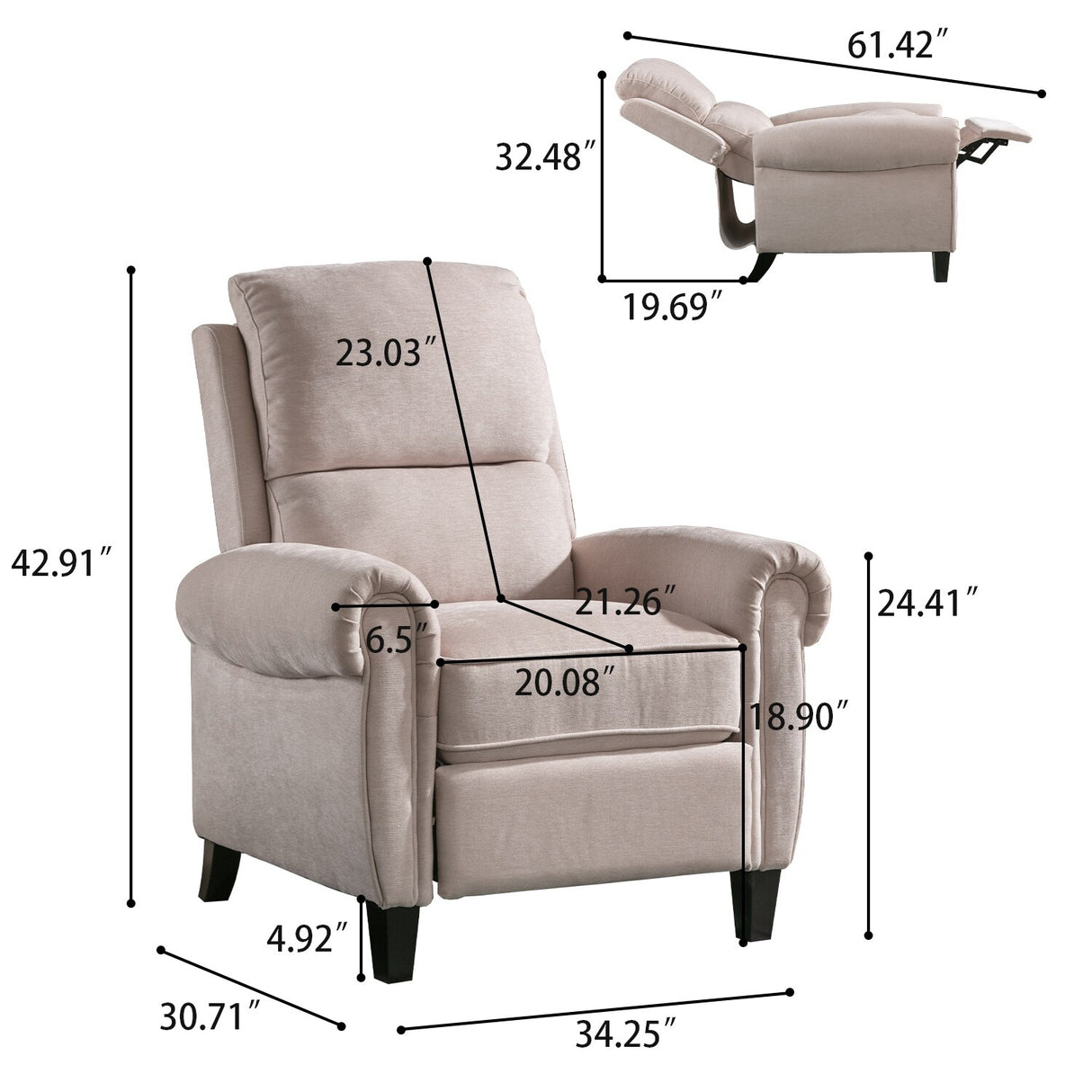 Chenille Upholstered Push Back Recliner with Solid Footrest