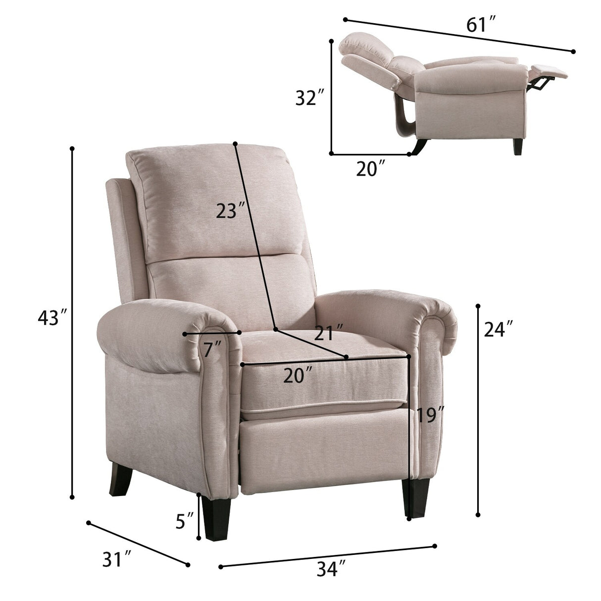 Chenille Upholstered Push Back Recliner with Solid Footrest