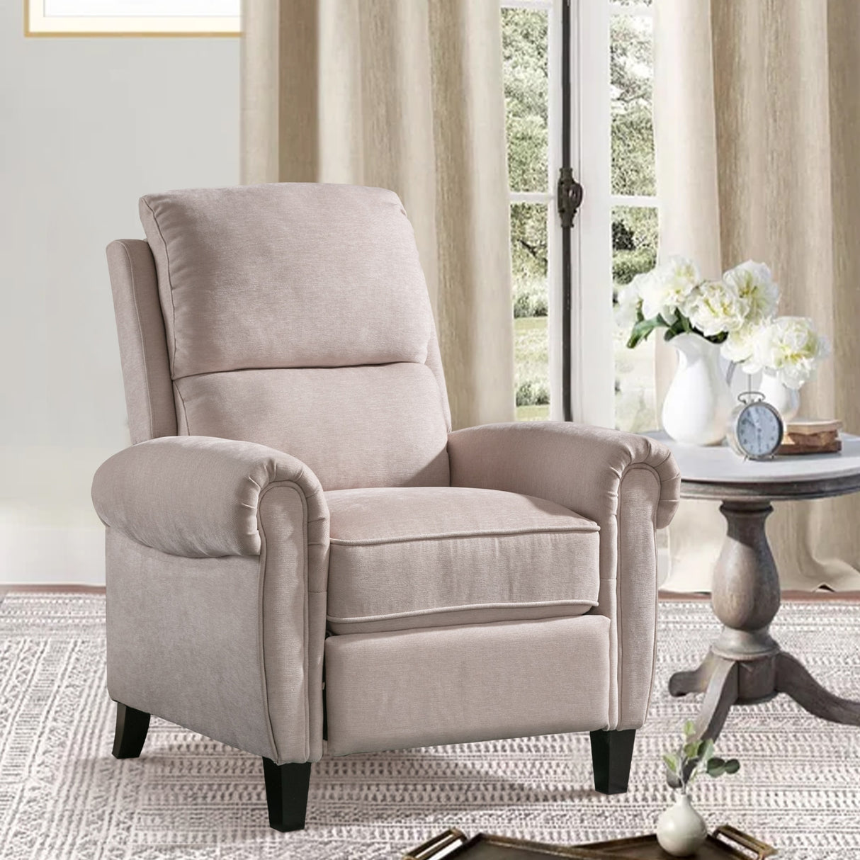 Chenille Upholstered Push Back Recliner with Solid Footrest