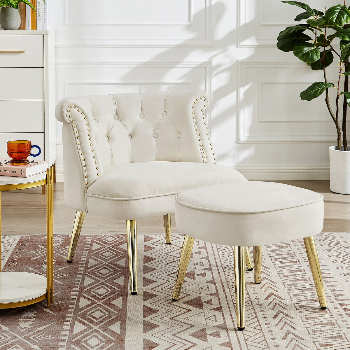 Velvet Upholstered Armchair with Ottoman and Nailhead Decor