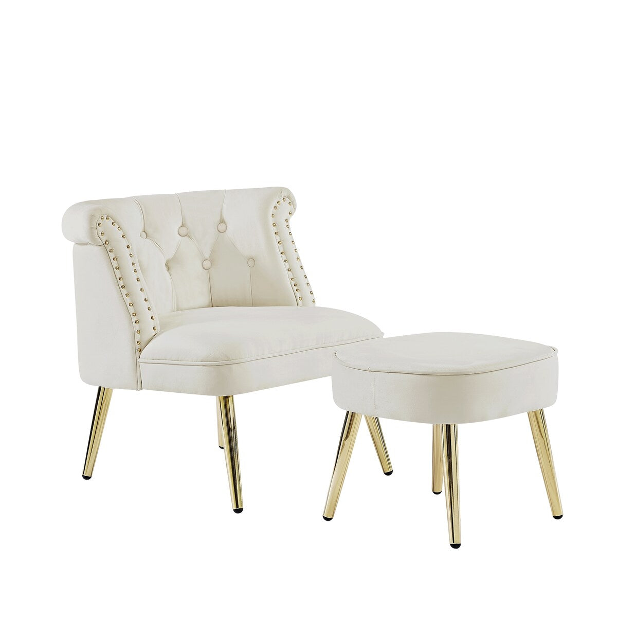 Velvet Upholstered Armchair with Ottoman and Nailhead Decor