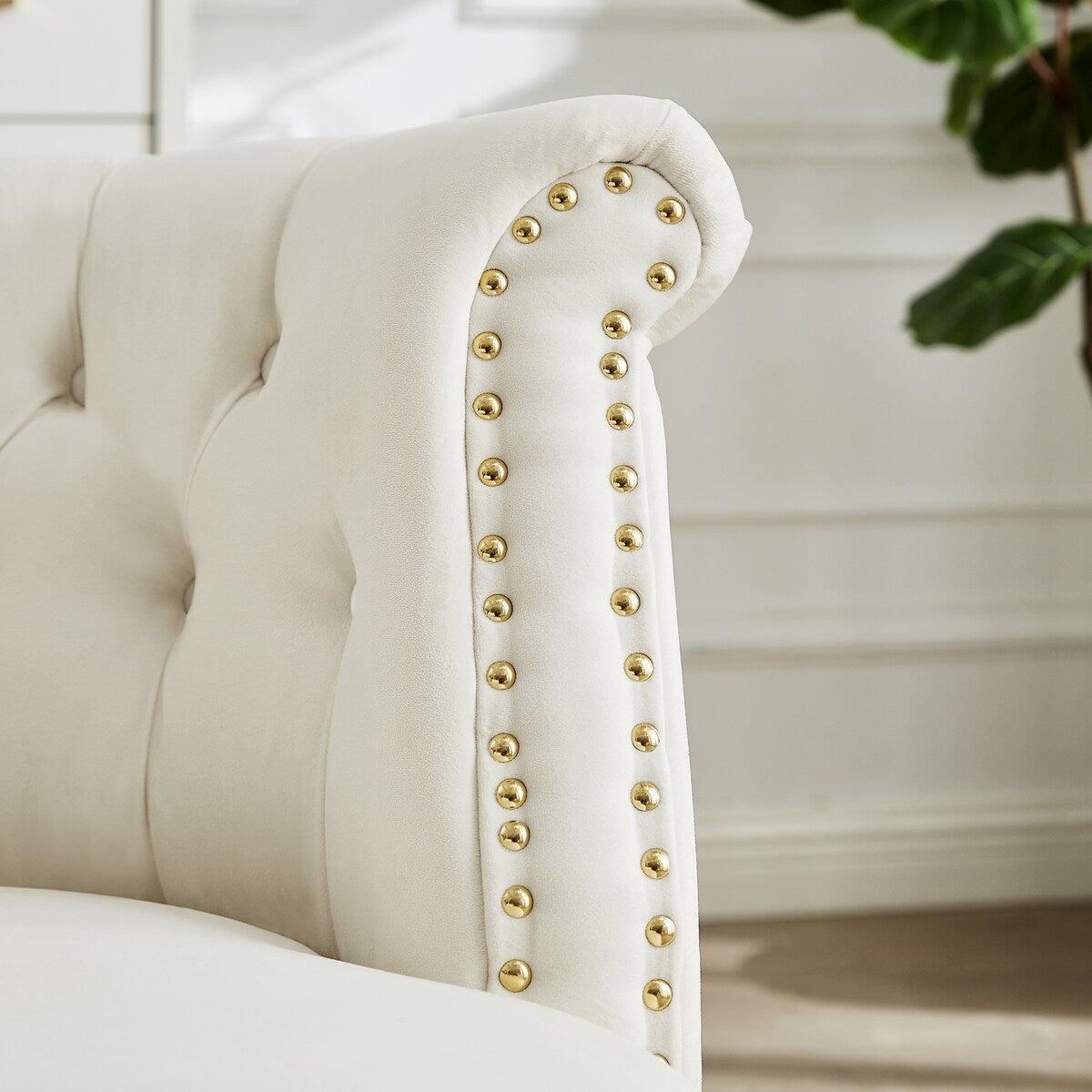 Velvet Upholstered Armchair with Ottoman and Nailhead Decor