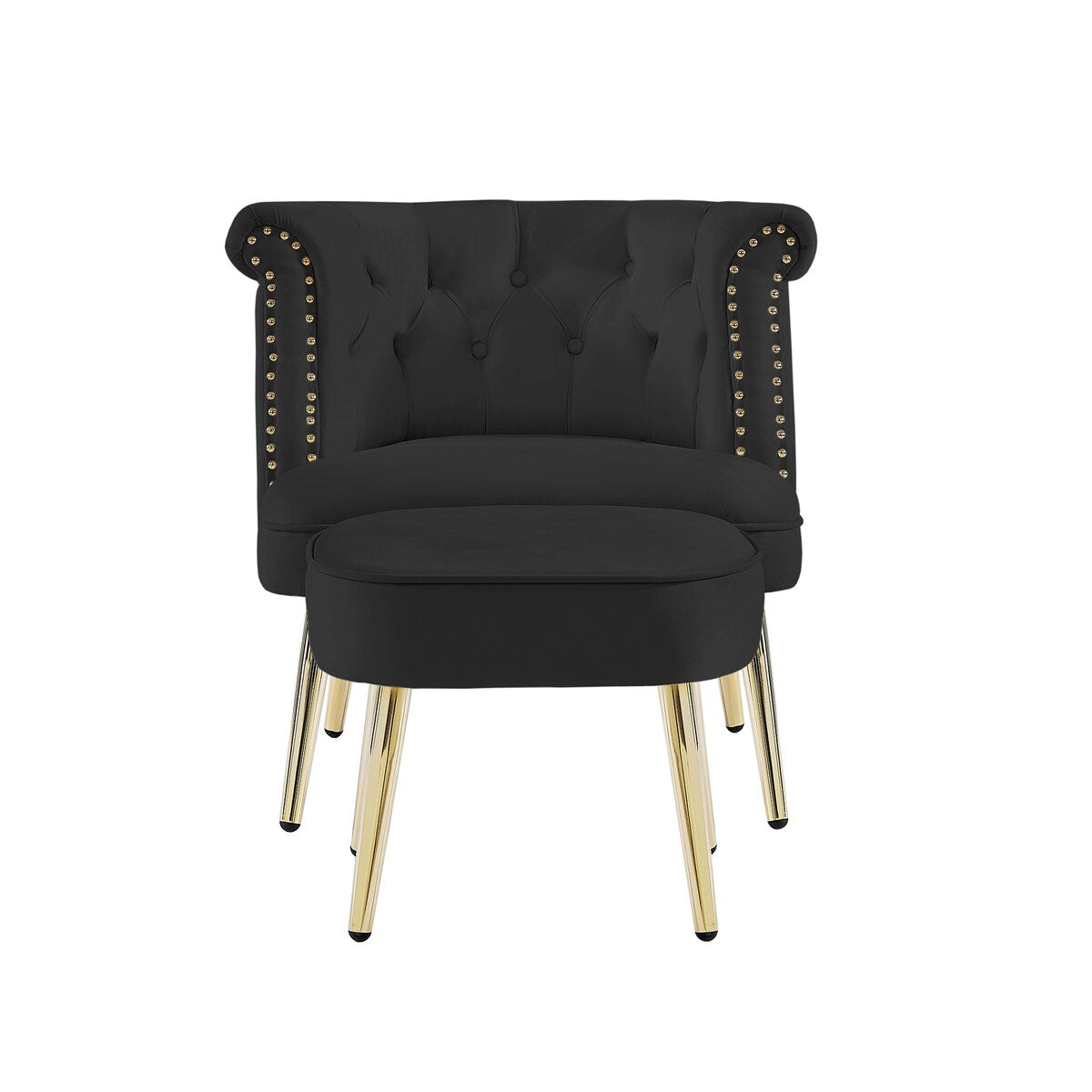 Velvet Upholstered Armchair with Ottoman and Nailhead Decor