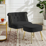 Velvet Upholstered Armchair with Ottoman and Nailhead Decor
