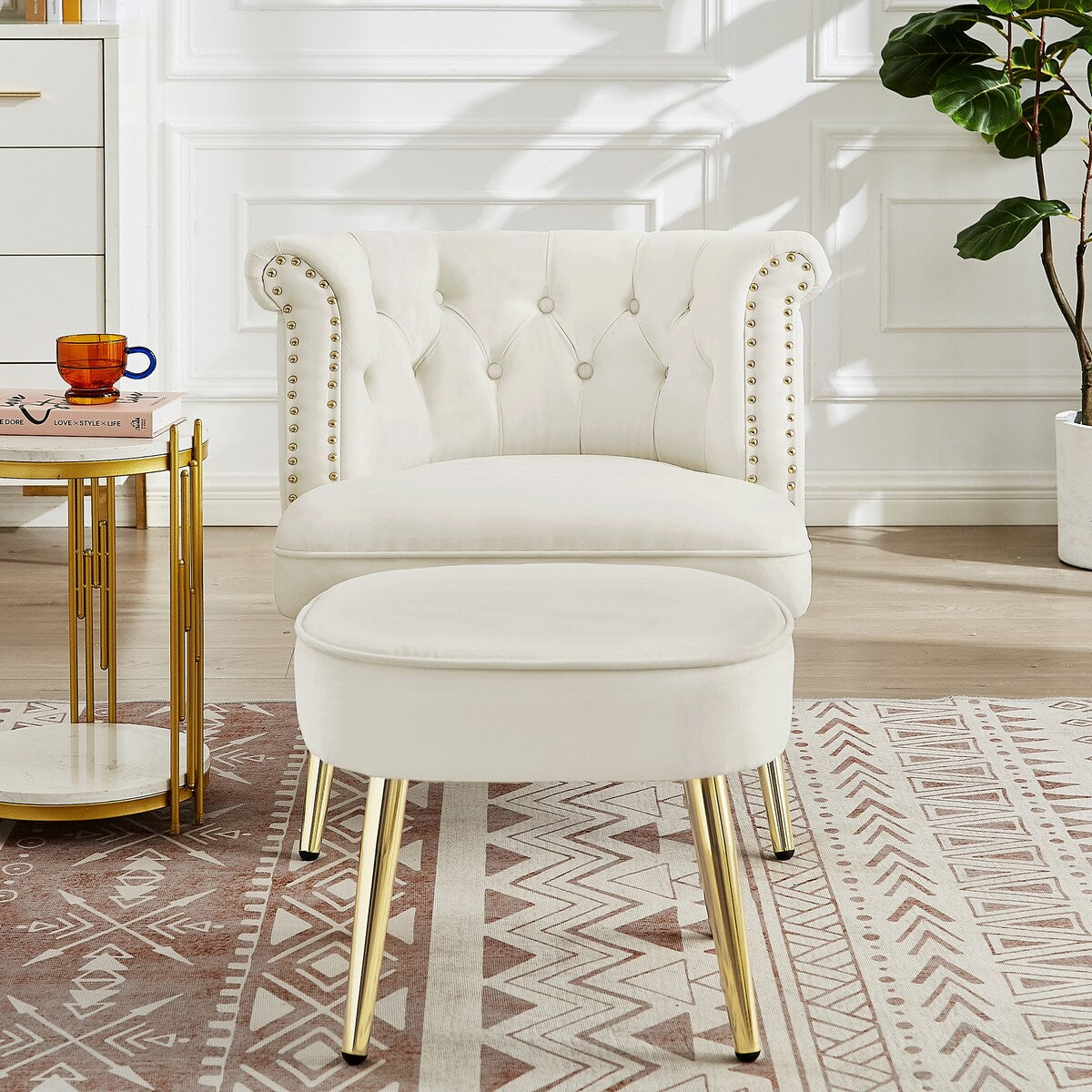 Velvet Upholstered Armchair with Ottoman and Nailhead Decor