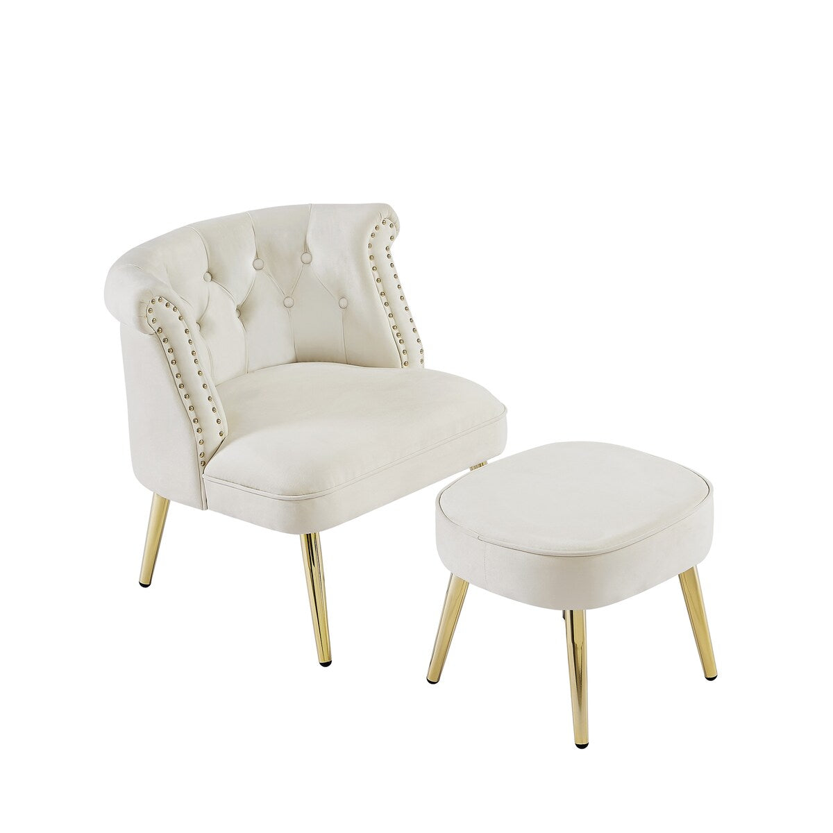 Velvet Upholstered Armchair with Ottoman and Nailhead Decor