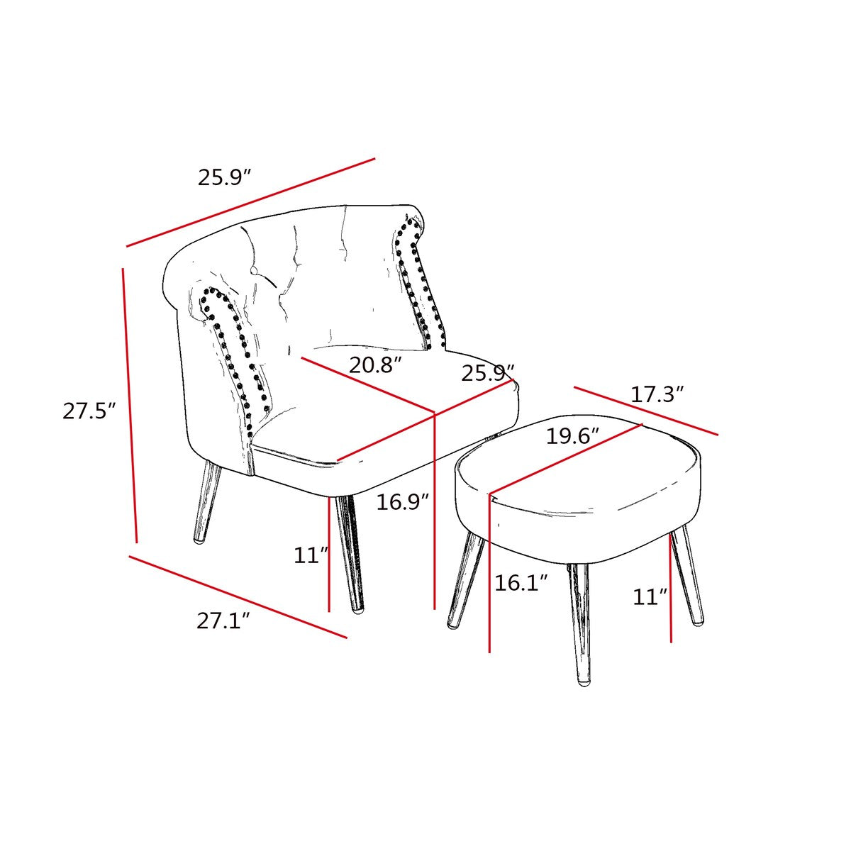 Velvet Upholstered Armchair with Ottoman and Nailhead Decor