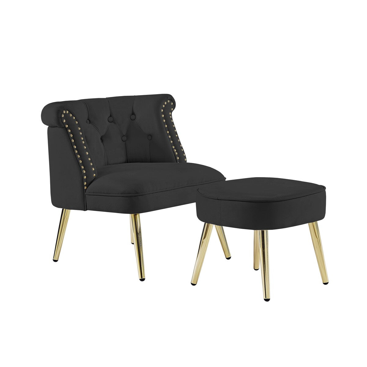 Velvet Upholstered Armchair with Ottoman and Nailhead Decor