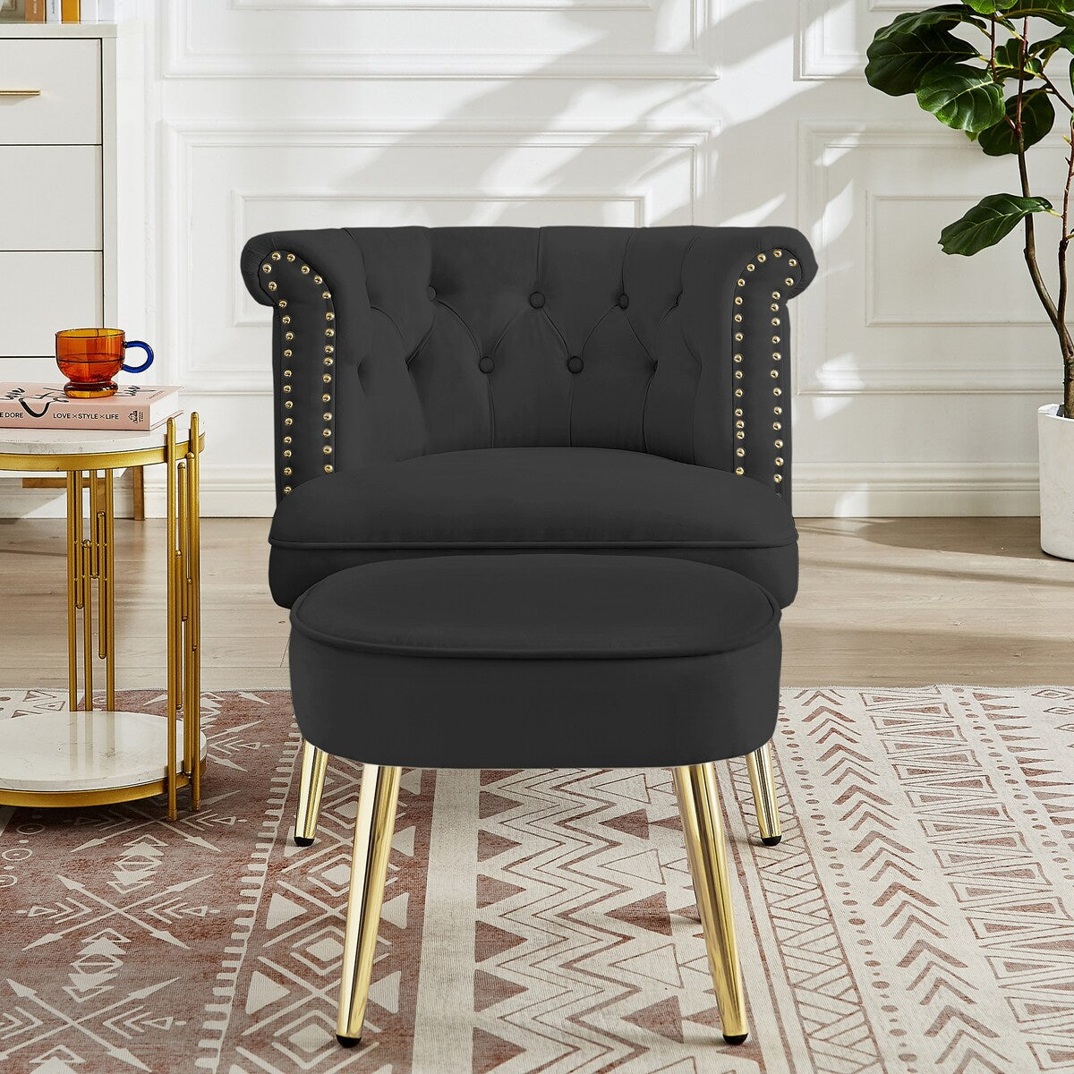 Velvet Upholstered Armchair with Ottoman and Nailhead Decor