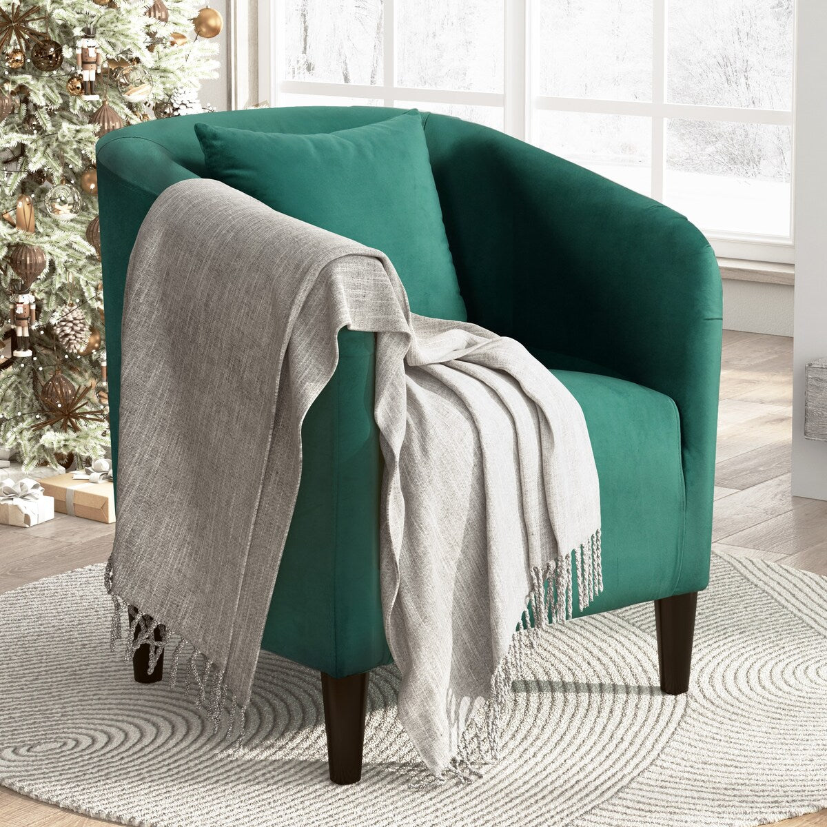 Velvet Upholstered Barrel Chair with Pillow