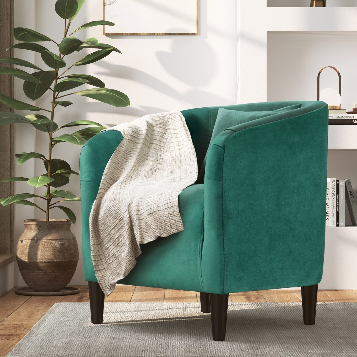 Velvet Upholstered Barrel Chair with Pillow