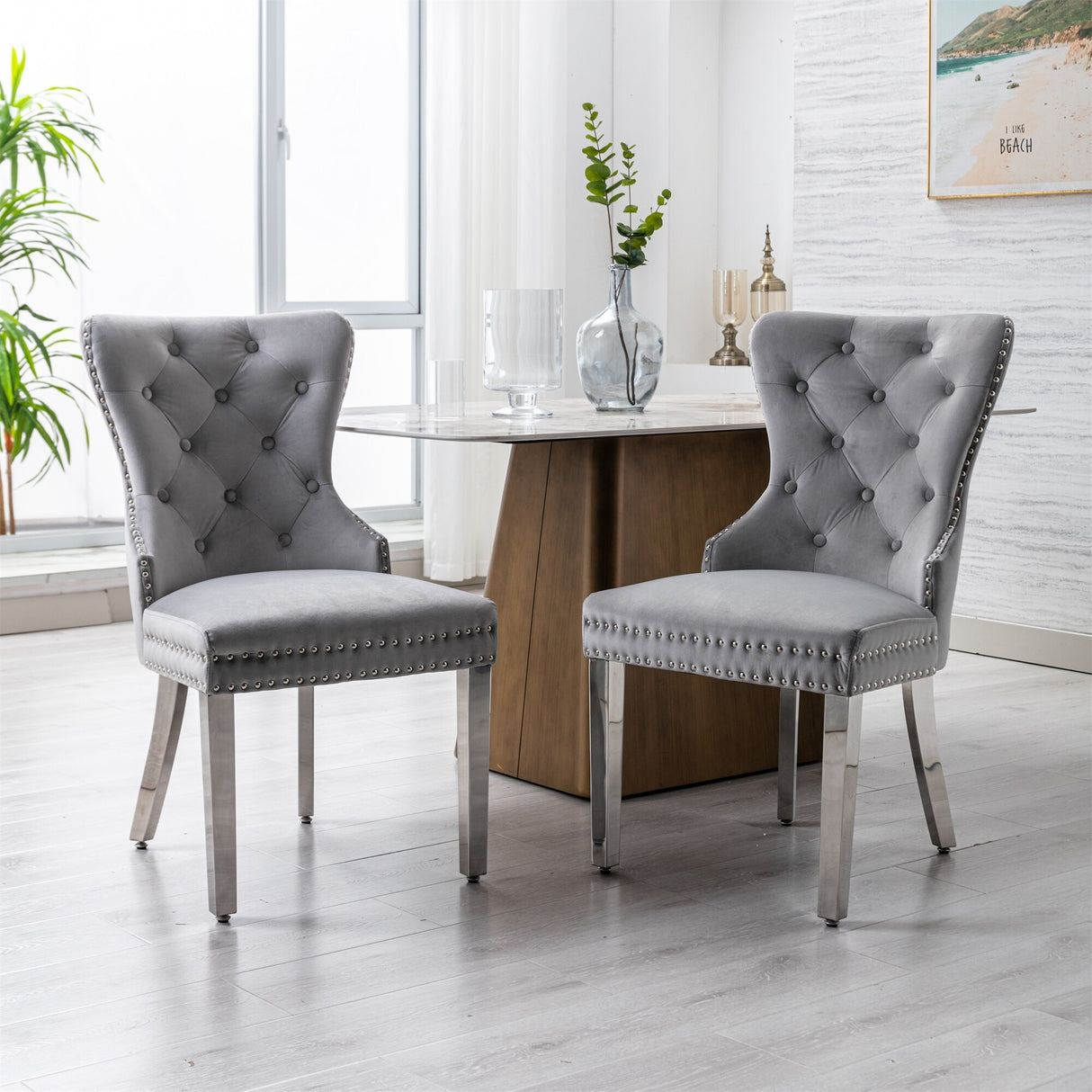 Velvet Upholstered Dining Chairs (Set of 2) with Stainless Steel Legs